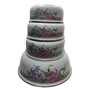 Vintage White Metal Enamel Nesting & Mixing Bowls Mixed Lot of 4 Bowls Kobe